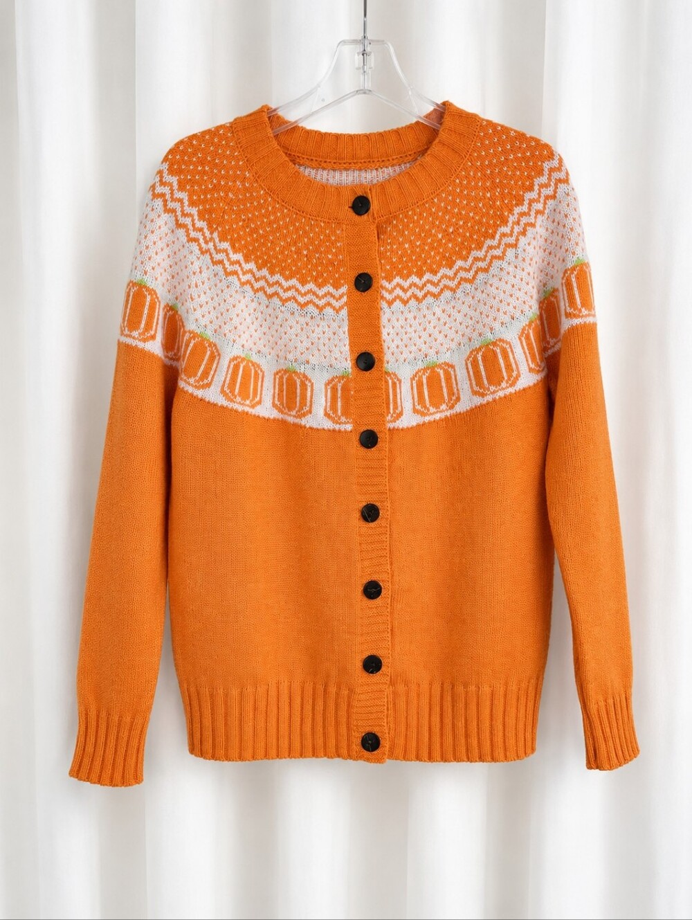 Pumpkin Fair Isle Cardigan Orange Cozy Autumn Harvest Button Front Knit Sweater